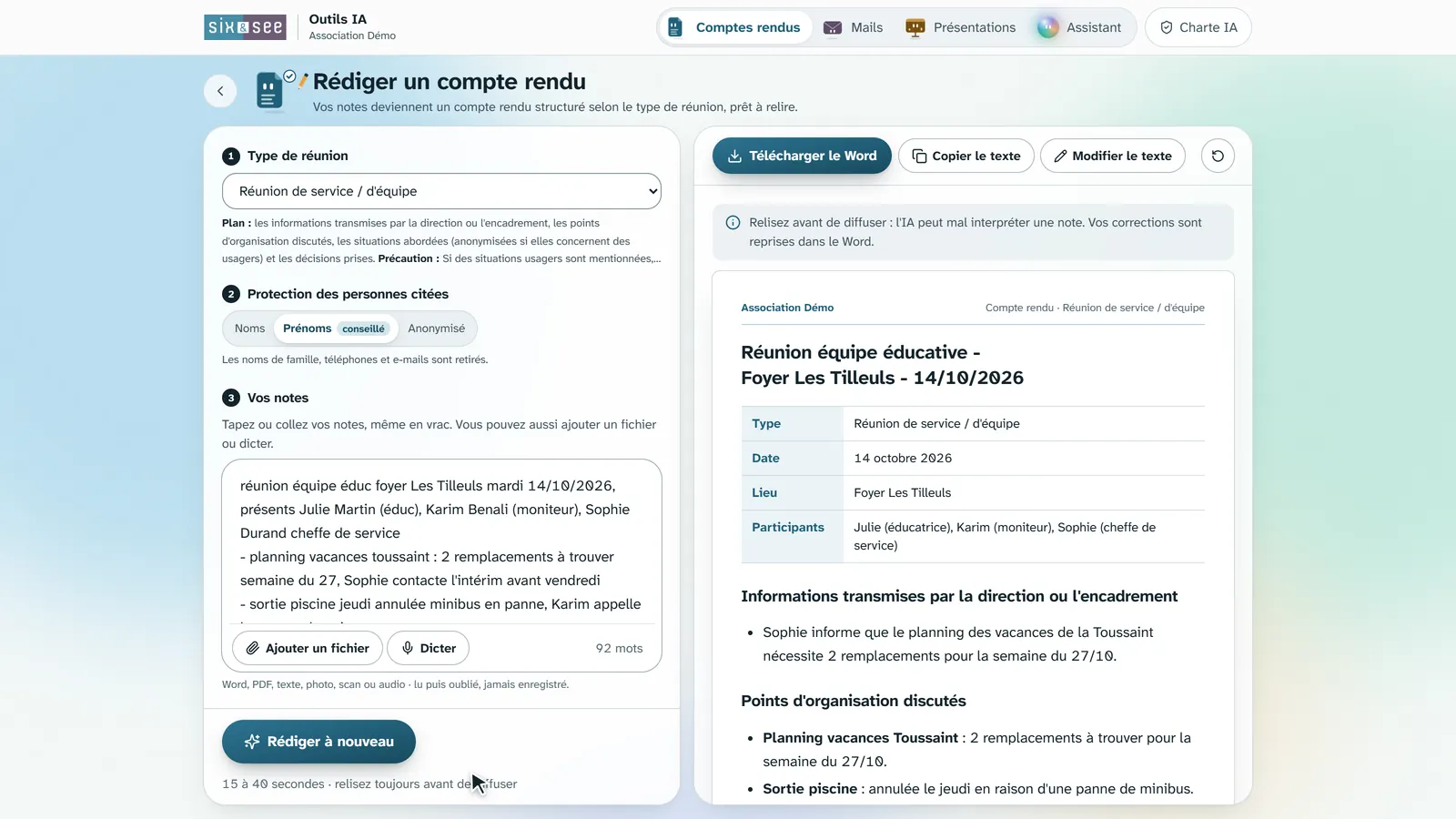 Outil Comptes rendus : à gauche le type de réunion, la protection des personnes citées et les notes ; à droite le compte rendu généré avec ses rubriques et le bouton Télécharger le Word.